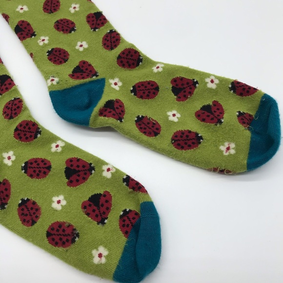 Womens Bamboo Ladybug Socks Floral Green Red Blue Scalloped Ladies One Size Soft - Picture 3 of 5